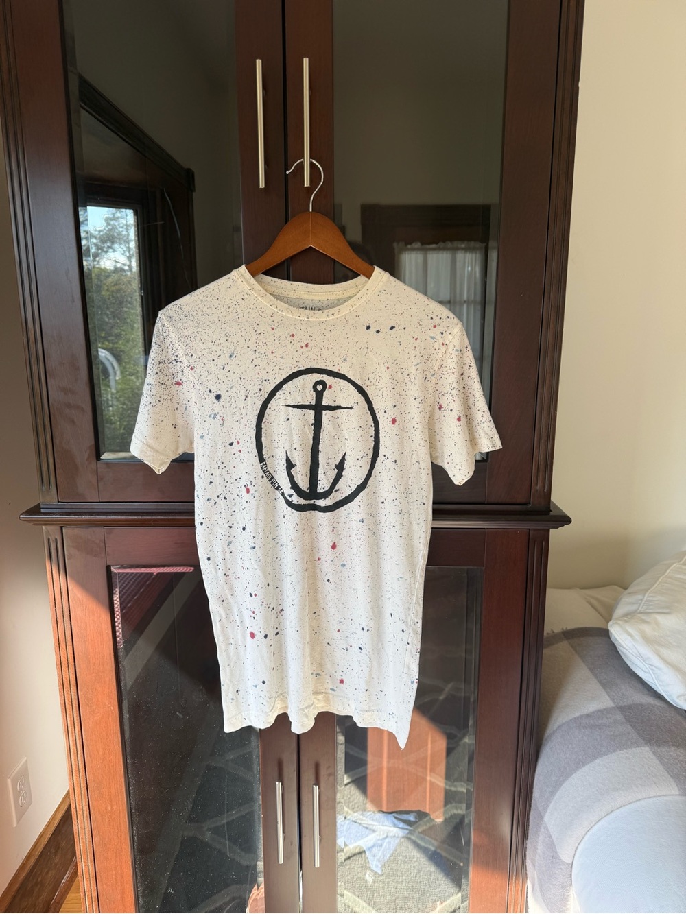 White Anchor Graphic Short Sleeve Tee with Multicolor Splatter